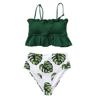CUPSHE Smocked Green Leaf Print High-Waisted Bikini Sets Women Ruffle Two Pieces Swimsuits 2020 Girl Boho Bathing Suits