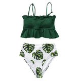 CUPSHE Smocked Green Leaf Print High-Waisted Bikini Sets Women Ruffle Two Pieces Swimsuits 2020 Girl Boho Bathing Suits