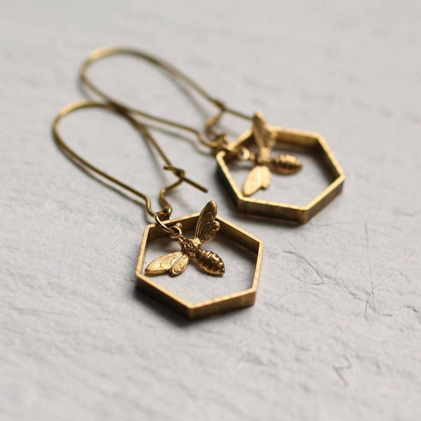 Geometric Hexagon Bee Gold Plated Pendant Earrings For Women Insect Drop Earring Fashion Jewelry Gift