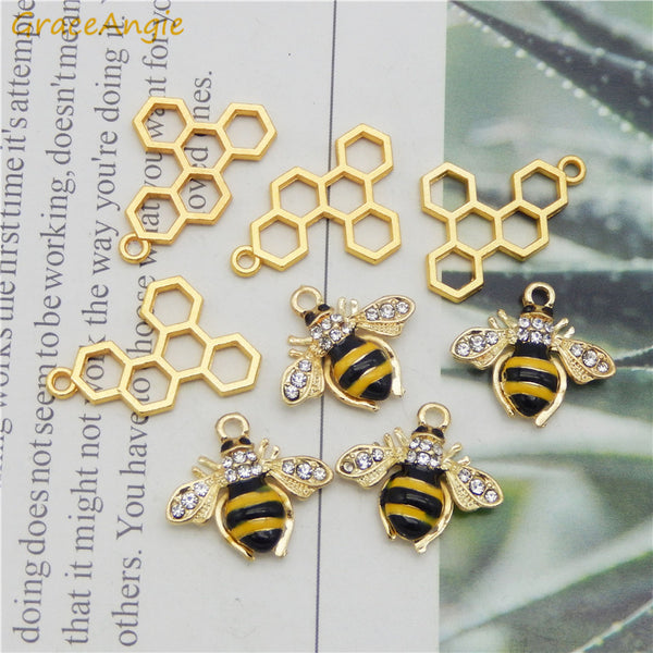 6pcs honey comb and bee Charms Enamel Necklace Pendant Crystal Gold Animal Bracelet Handmade DIY Jewelry Earrings Accessories