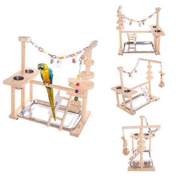 Parrot Playstand Bird Play Stand Cockatiel Playground Wood Perch Gym Playpen Ladder with Feeder Cups Toys (Include a Tray)